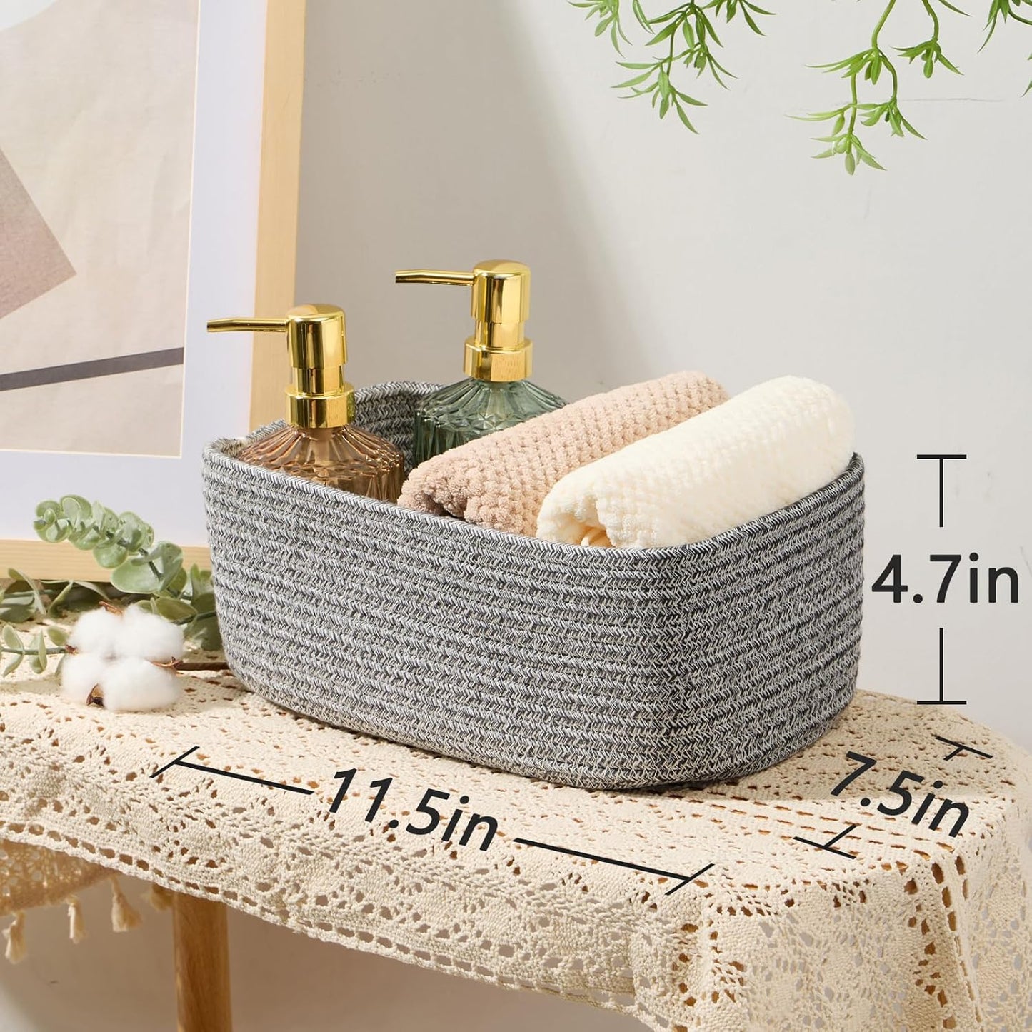 Small Storage Baskets for Organizing | Closet Organizer Bins | Shelf Toy Basket | Woven Rope Baskets | Cube Decorative Box | Shallow Basket | 11.5x7.5x4.7” | 4 Packs Mixed Grey