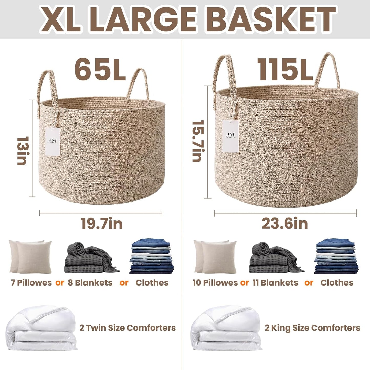 Woven Blanket Basket,65L Large Rope Storage Bin with Handles, Organizer for Blankets Toys Book and Clothes, Laundry Basket for Living Room Bedroom Nursery,Oatmeal