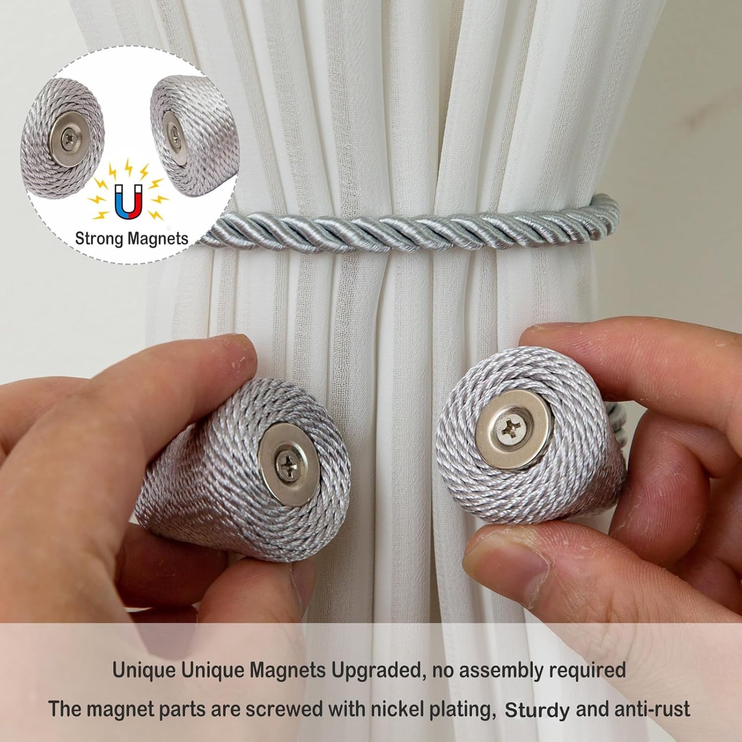 Magnetic Curtain Tiebacks 2 Pack Outdoor Rope Curtain Tie Backs Decorative Window Treatment Holdbacks for Home Decorative Curtain, Grey