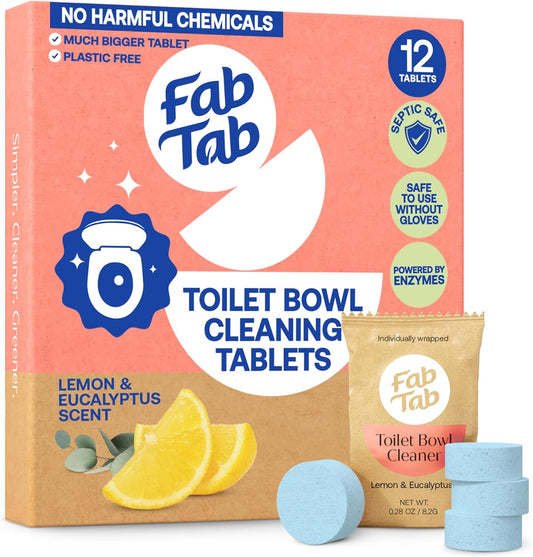 Fab Tab Toilet Bowl Cleaner Tablets, Powerful Stain Removal, No Harsh Chemicals, Plastic-Free, Removes Rust & Stains, Safe for Regular and Septic Tank Toilets, Lemon & Eucalyptus Scent