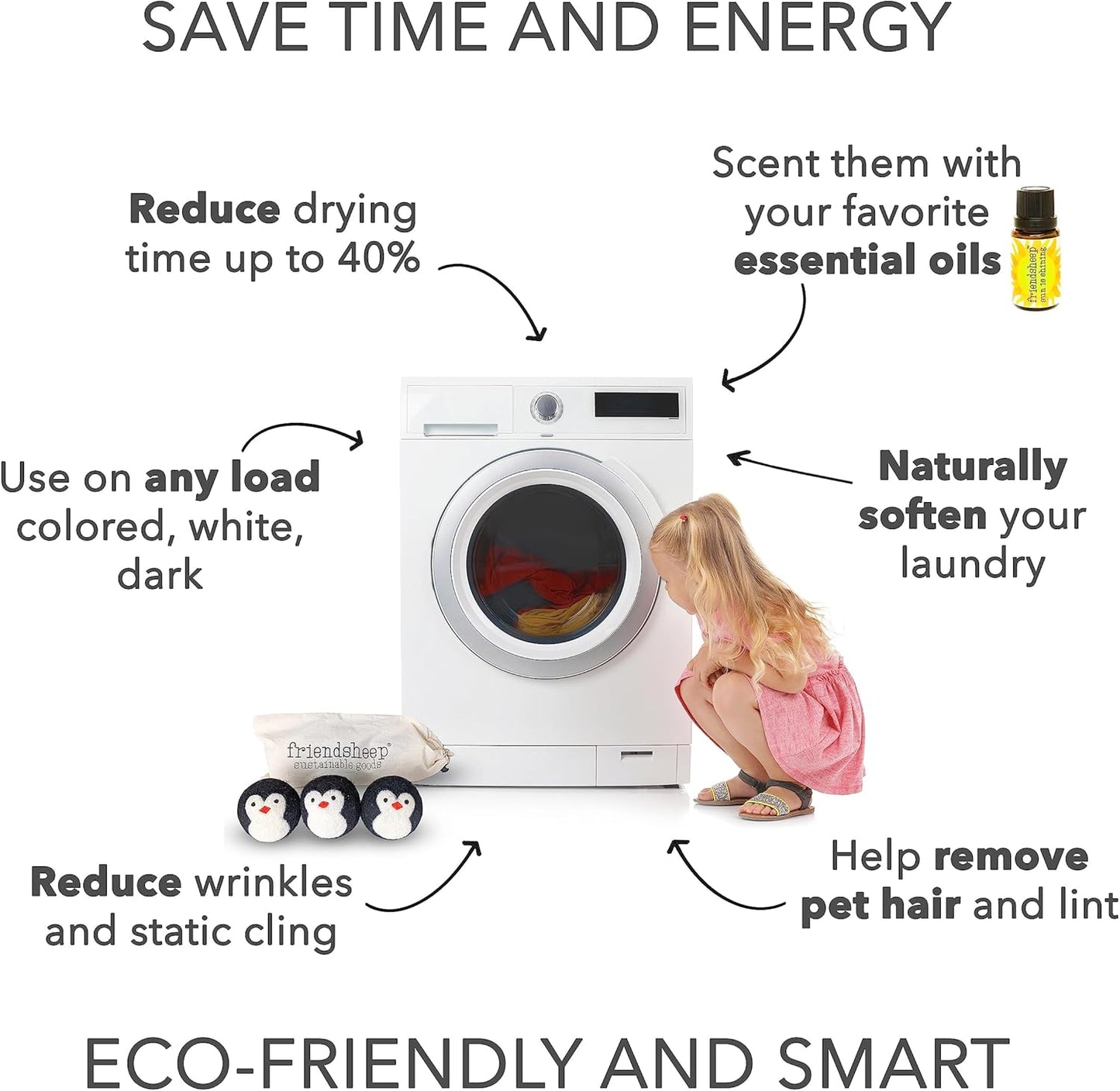 Friendsheep Wool Dryer Balls, Organic Reusable Fabric Softener Alternative for Laundry, Handmade, Fair Trade, Hypoallergenic, Eco-Friendly, Plastic-Free (3 Pack XL – Penguin)