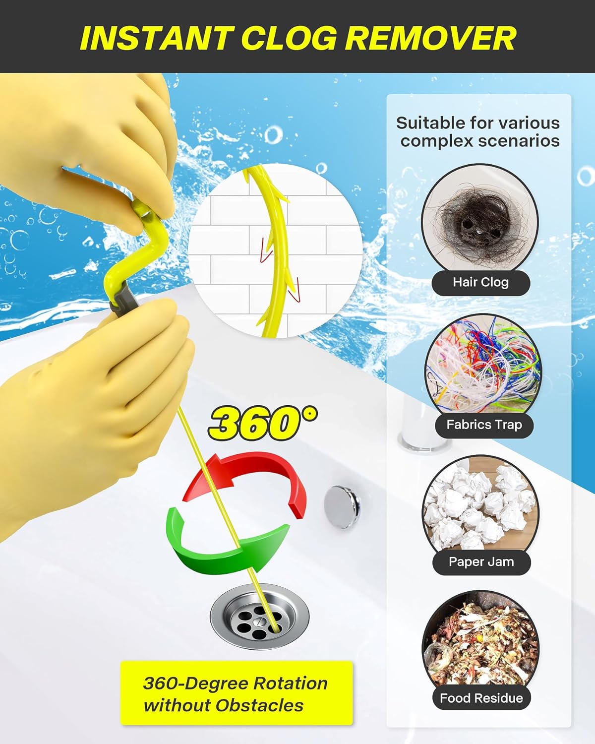 Drain Clog Remover Tool, 30 Inch Sink Snake Hair Clog Remover with Rotating Handle and 7 Wand Spares, Anti-Break Nylon Drain Hair Remover Plumbing Snake, Unclog Drain Quickly and Easily-7 Pack