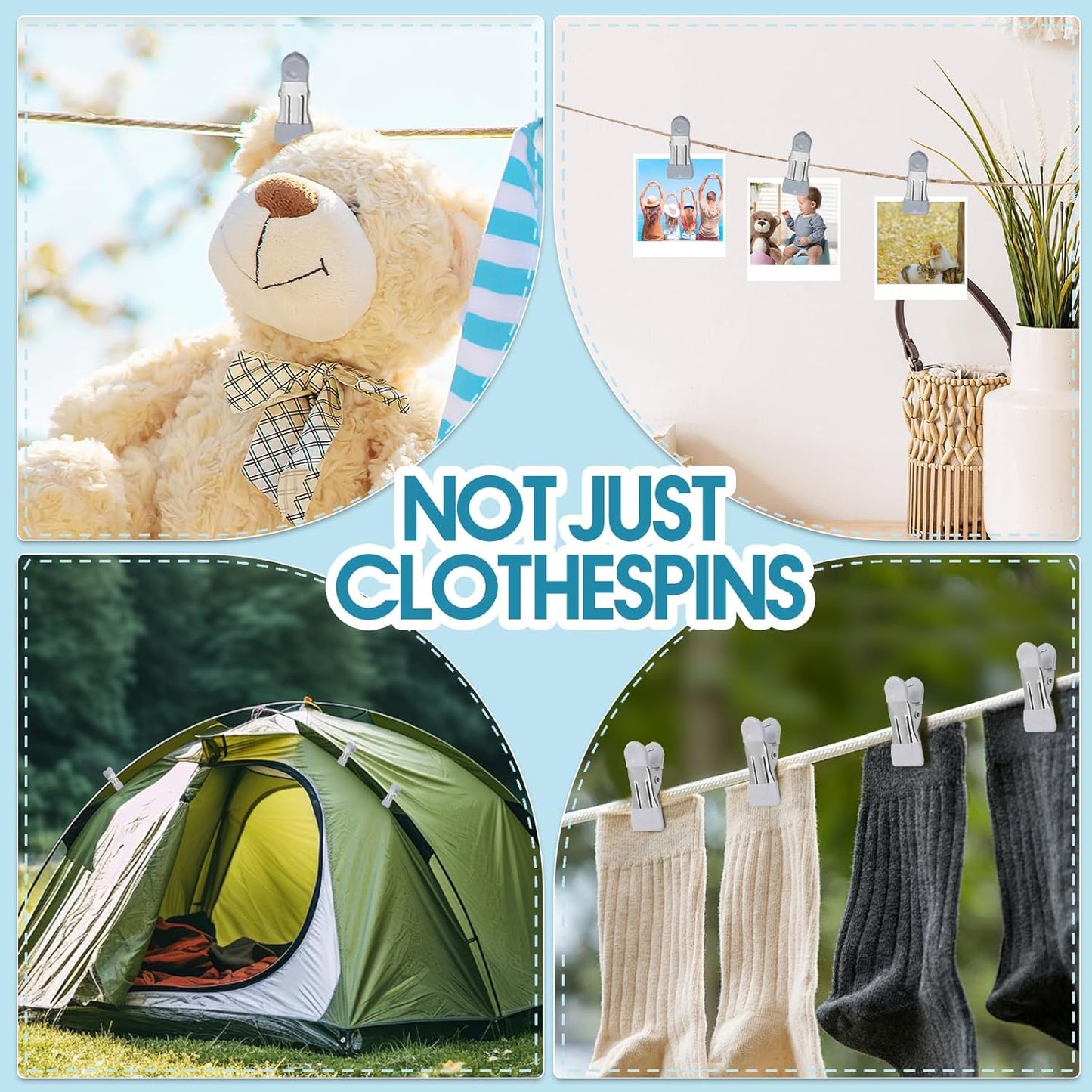 Clothes Pins Heavy Duty 30 Pack - 2.17 Inch Metal Chip Clips, Clothespins for Photo Drying Clothesline Laundry Sock, Bag Clips for Food Kitchen Stainless Steel with Rubber, Gray