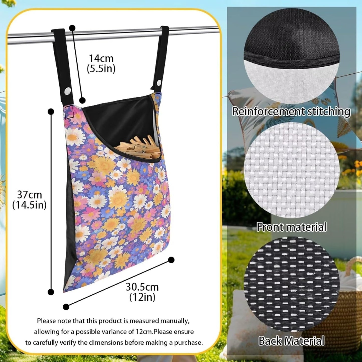 Clothespin Bag with Hanging Rope for Home Outdoor，Laundry Hanging Bag Fits Clothes Lines for Hanging Clothes Outside Balcony Bathroom Corridor Yard - Daisy Floral