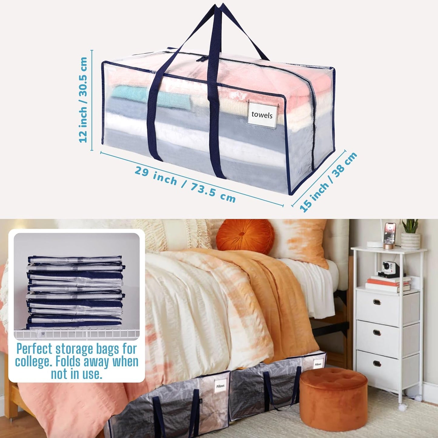 VENO 4 Pack Moving Bags Plastic Storage Totes Clothes Organization Large W Lid/Zipper. Packing Boxes/Bins Alternative. Space Saving Foldable College Supplies Essentials (Clear, 4 Pack)