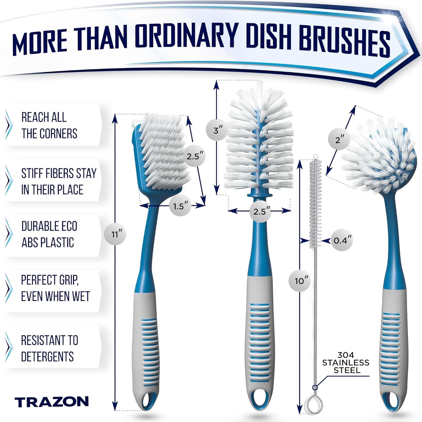 Dish Brush Set of 4 - Kitchen Scrub Brushes with Non-Slip Long Handle for Cleaning, Scrubber, Dishwashing, Dishes, Bottles, Straws, Cups, Pots & Sink, Blue