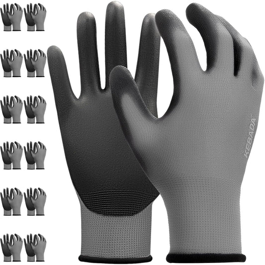 Kebada W1 Work Gloves for Men and Women,12 Pairs Touchscreen Working Gloves with Grip, PU Coating on Palm & Fingers,Gray Small