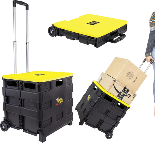 dbest products Quik Cart Collapsible Rolling Crate on Wheels for Teachers Tote Basket 80 lbs Capacity, Made from Heavy Duty Plastic and Used as a Seat, Canary, Yellow