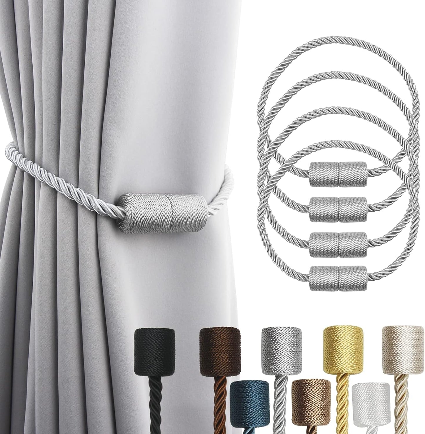 4 Pack Strong Magnetic Curtain Tiebacks Outdoor Elegant Decorative Tie Backs Modern Rope Tiebacks for Drapes Window Curtain Holdbacks for Draperies- Grey