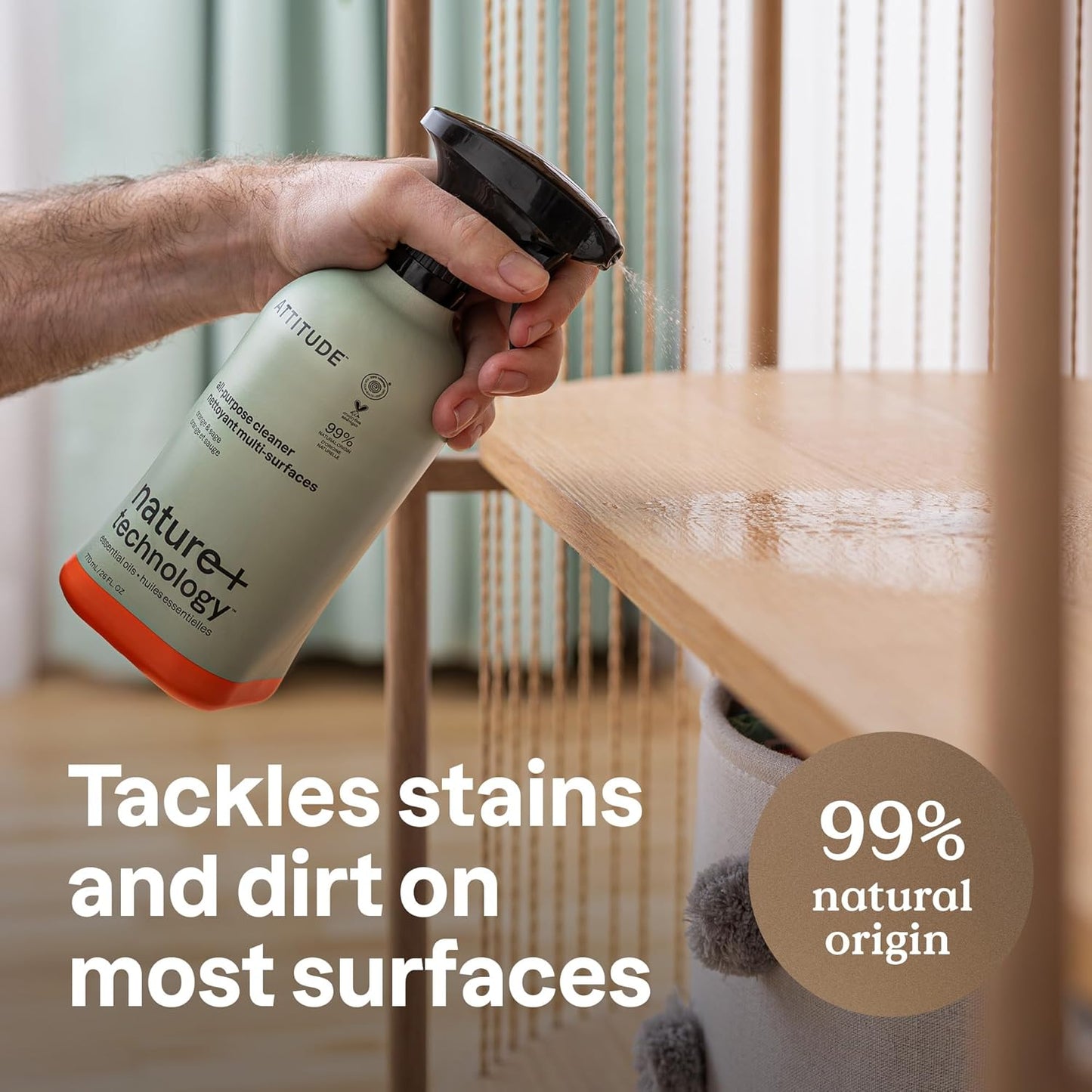 ATTITUDE All-Purpose Cleaner Spray, Plant-Based Ingredients, EWG Verified, Streak Free, Ammonia Free, Removes Fingerprints, Dust and Dirt, Sage & Orange, 26 Fl Oz