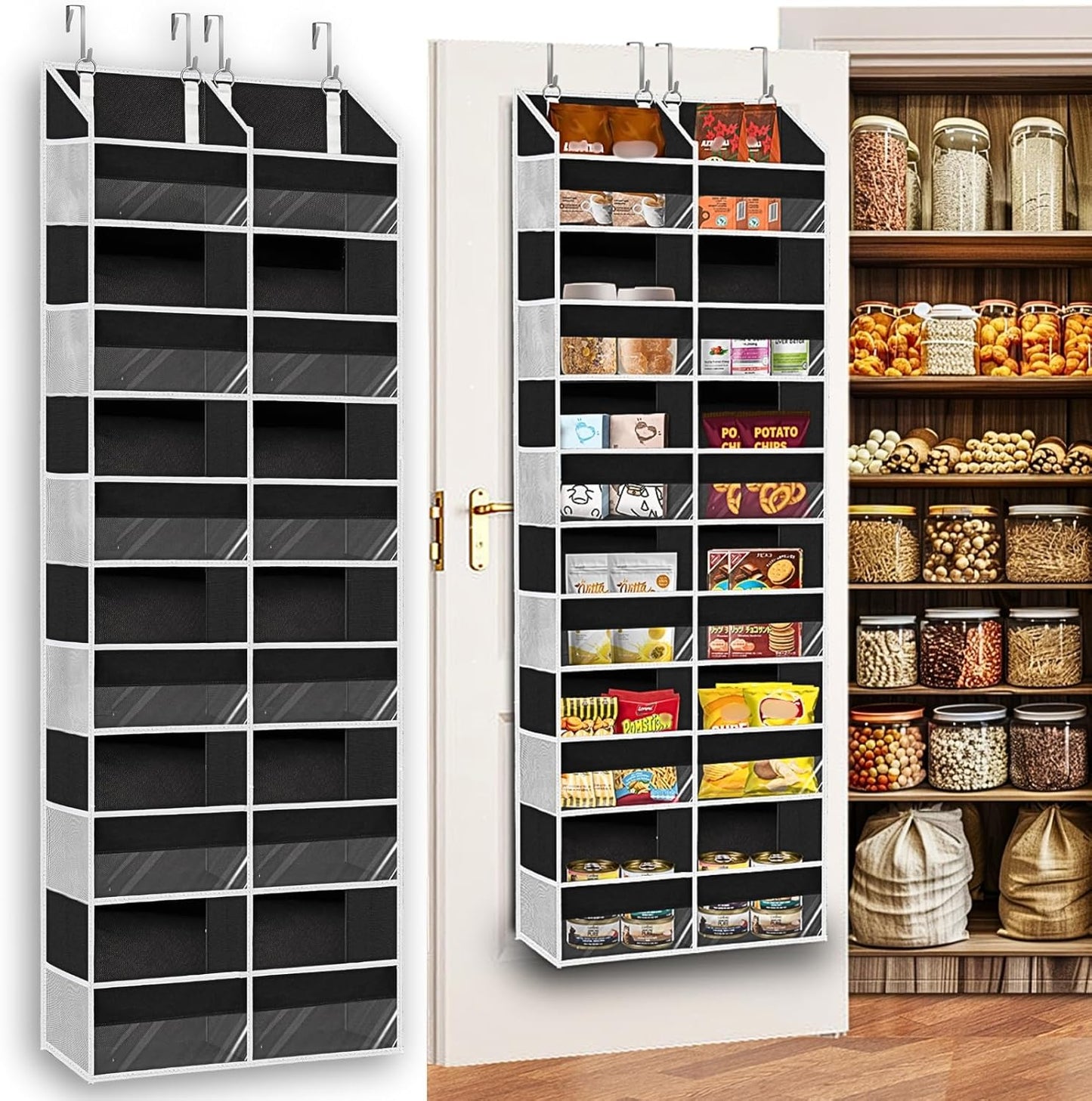 Over The Door Organizer 6 Tiers, Extra Large Behind Door Storage of 12 Compartments, 80 lbs Weight Capacity Hanging Storage Organizer with Clear Window Kids Toys, Shoes, Diapers, Room Storage,Black