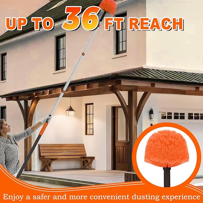 36FT Reach Cobweb Duster with Extension Pole, High Ceiling Long Duster with 7-30FT Telescoping Pole, Spider Web Brush for Indoor Outdoor Use
