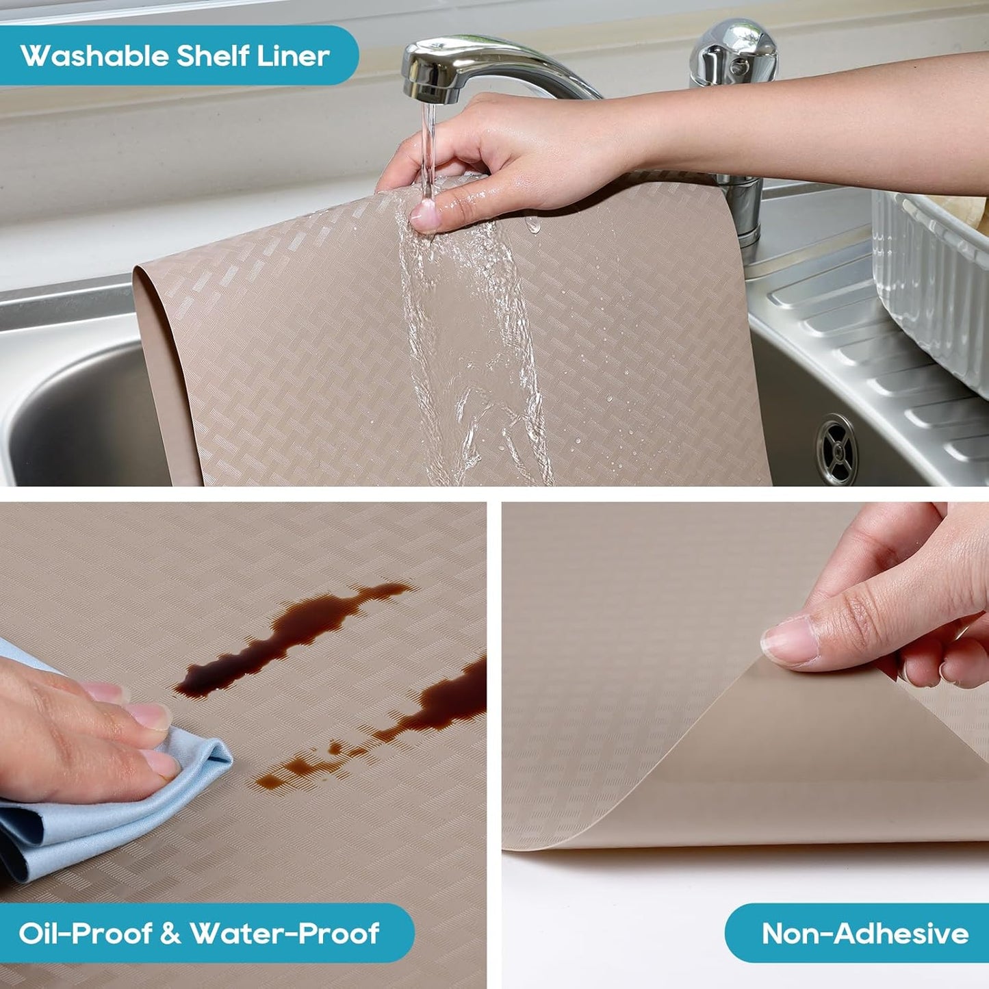 Beige Shelf Liners for Kitchen Cabinets Refrigerator Liners Waterproof & Oil-Proof Kitchen Cupboard Liner Drawer Mats EVA Material Non Adhesive Fridge Liner for Shelves 17.5 x 157.4 Inches