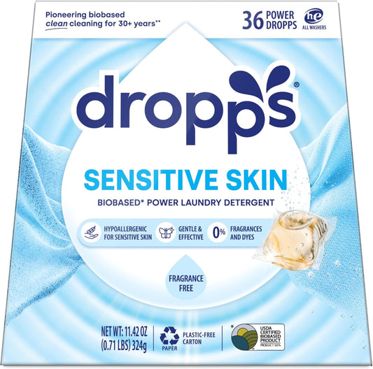Dropps Sensitive Skin Laundry Detergent Pods, Unscented (36 Count) - Dermatologist Tested Laundry Pods - HE Compatible Laundry Supplies for Clean Clothes, Vegan & Dye-Free