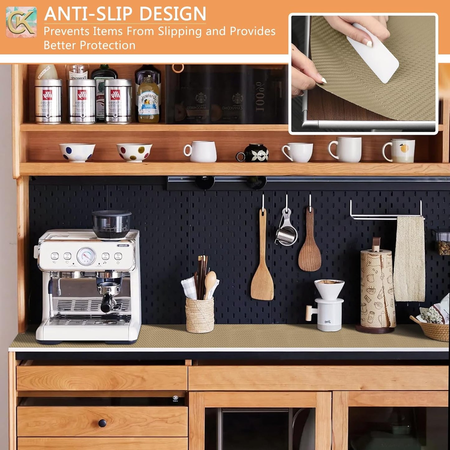 Self-Adhesive Shelf Liner Kitchen Liner, Waterproof Backed Paper Easy Peel and Stick Contact Liner Without Residue for Decor Your Desk Surface, Kitchen Countertops (Dark Khaki, 23.6 x 236.2 inches)