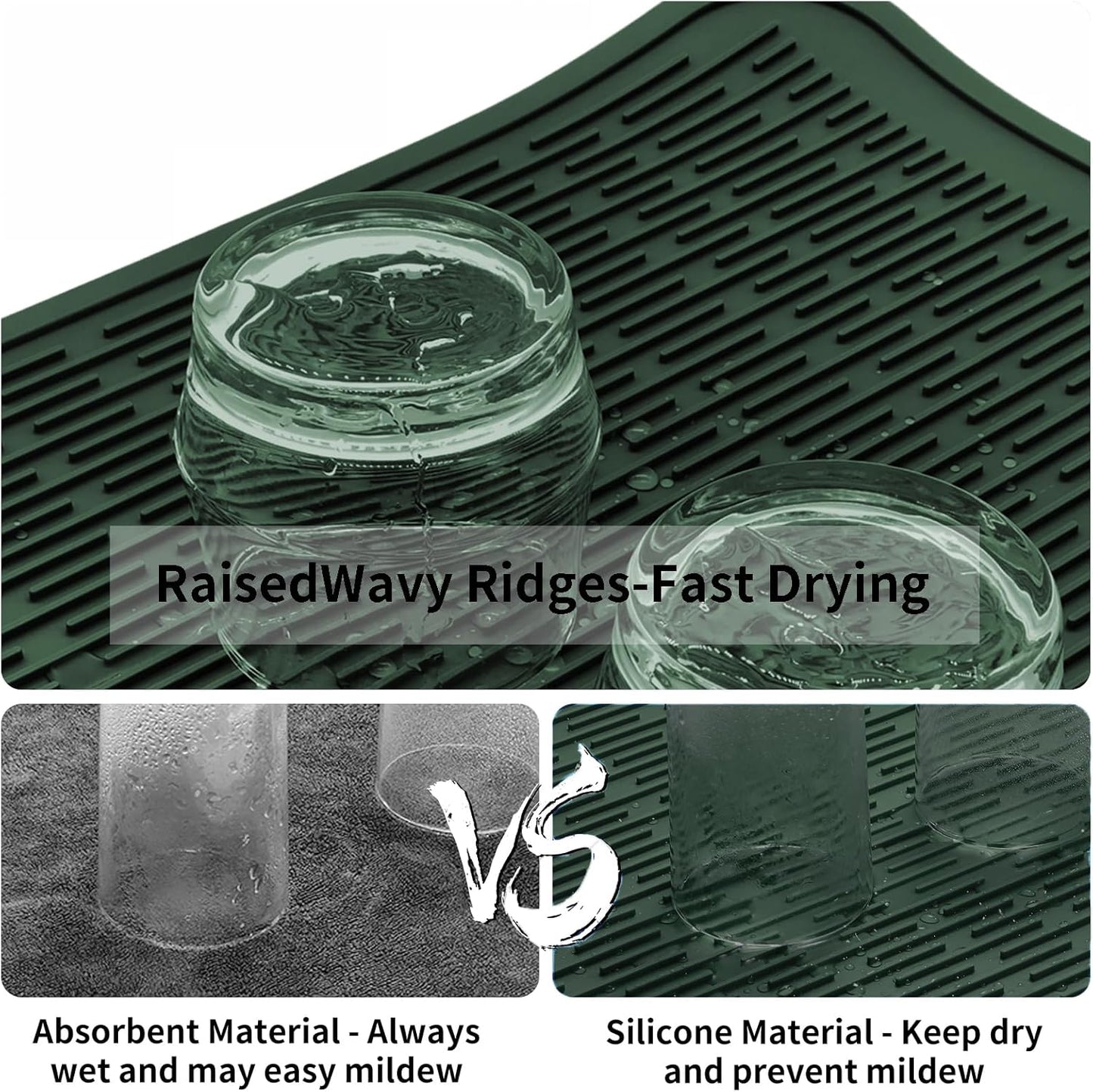 ZLR Silicone Dish Drying Mat for Kitchen Counter, Eco-Friendly Fast Dry Dish Mat, Easy Clean Multi Usage Drying Matt, Heat Resistant Trivet, 16" x 18" XL, Dark Green