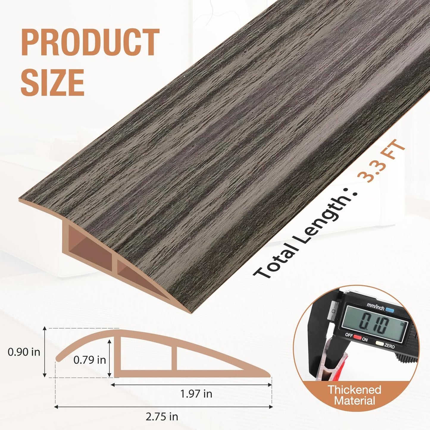 Floor Transition Strip Self Adhesive Vinyl Door Threshold for Doorways Carpet Edging Trim Overlap Edge Reducer for Laminate Floor, Carpet, Tile (Grayish Brown Wood Grain, 3/5" to 4/5", 3.3Ft)