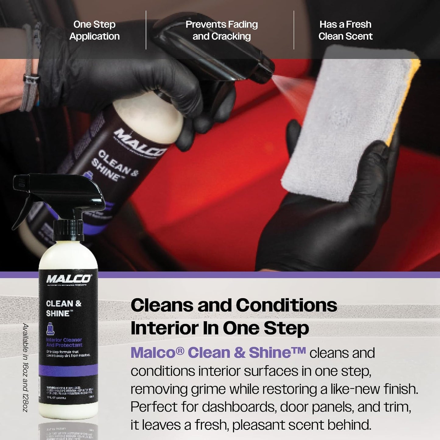 Malco Clean & Shine Interior Car Cleaner and Dressing – Restore Leather, Plastic and Vinyl Surfaces in Your Vehicle/Clean, Condition and Protect in 1 Simple Step / 1 Gallon (125901)