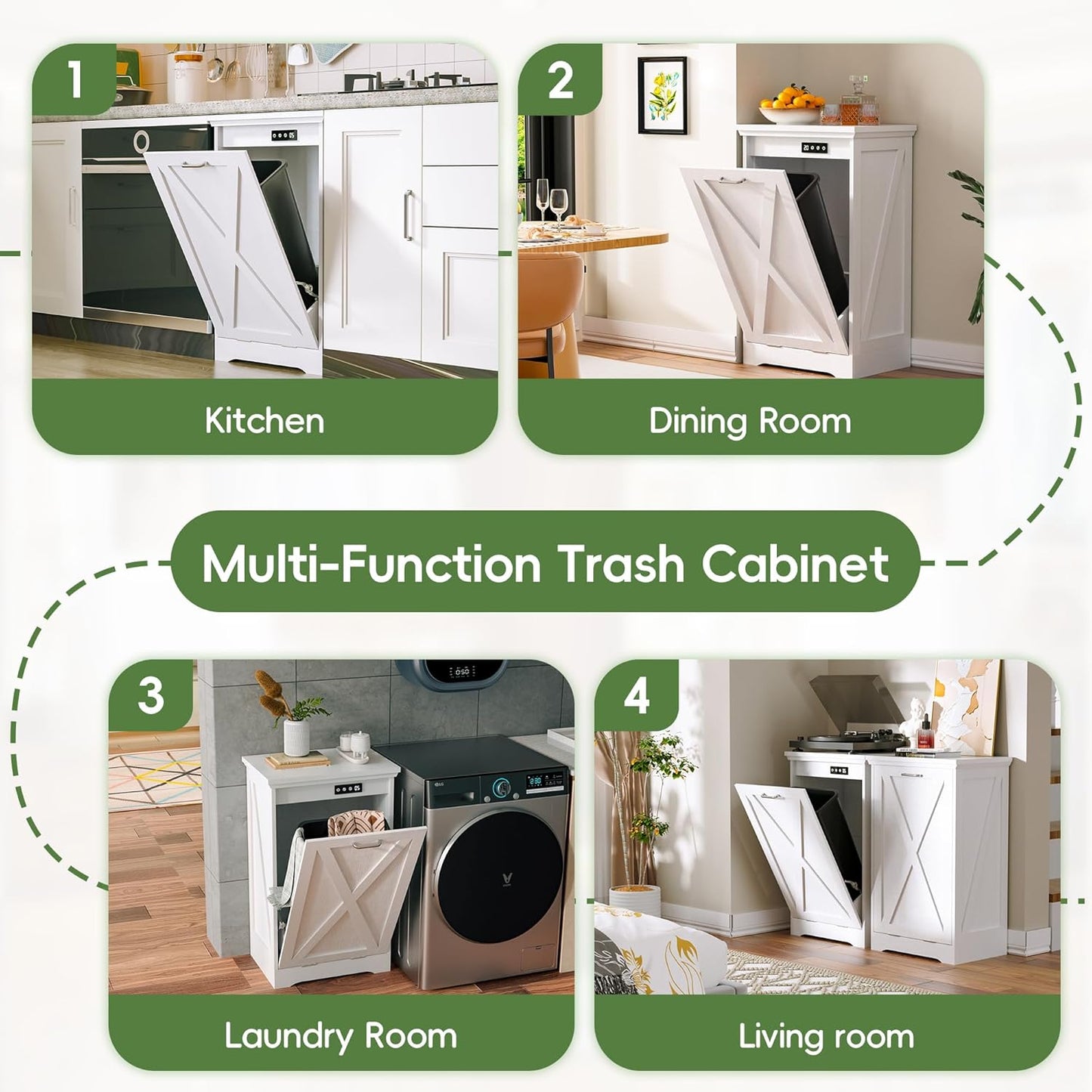 Betterhood Tilt Out Trash Can Cabinet, Hidden Trash Bin with Deodorizing & Negative Ion System, Pet-Proof Kitchen Waste Cabinet for Kitchen, Dining Room, Living Room (White, 1 * 10 Gallons)