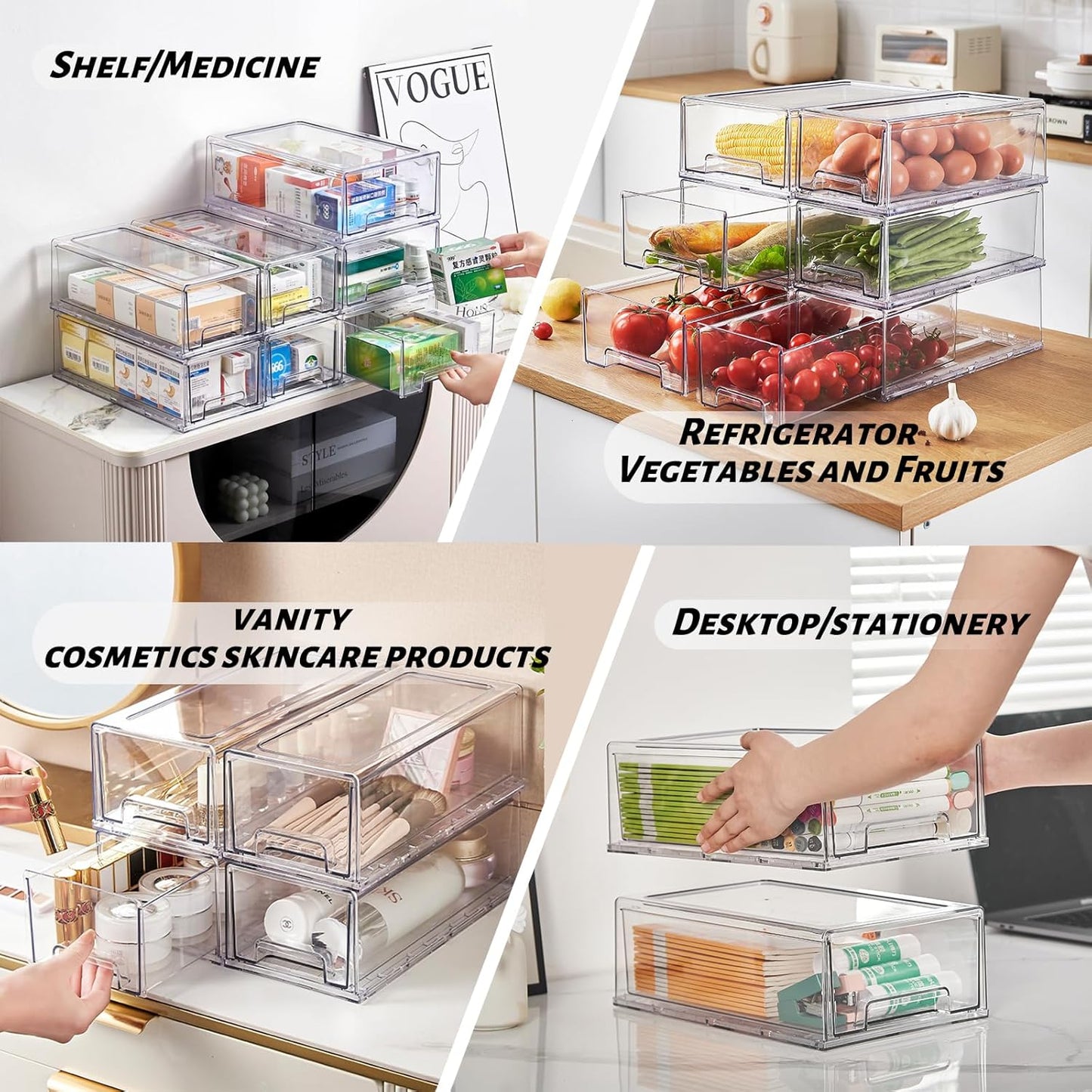 PeJeyiee 2 Pack Clear Stackable Refrigerator Organizers and Storage Drawers - Pull-Out Fridge Bins with Anti-Slip Base & Easy Clean, Plastic Organizers for Kitchen Pantry Cabinet Closet (Large)