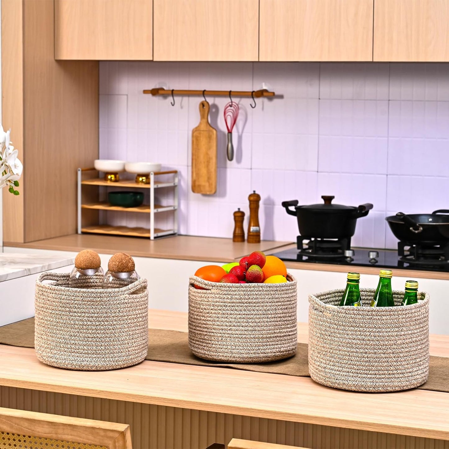 Small Storage Baskets for Organizing, Organizer Baskets for Shelves, Small Woven Basket for Storage, Cute Cotton Rope Basket for Gifts Empty, 9.7"×9.7"×7" (3 Packs) Brown