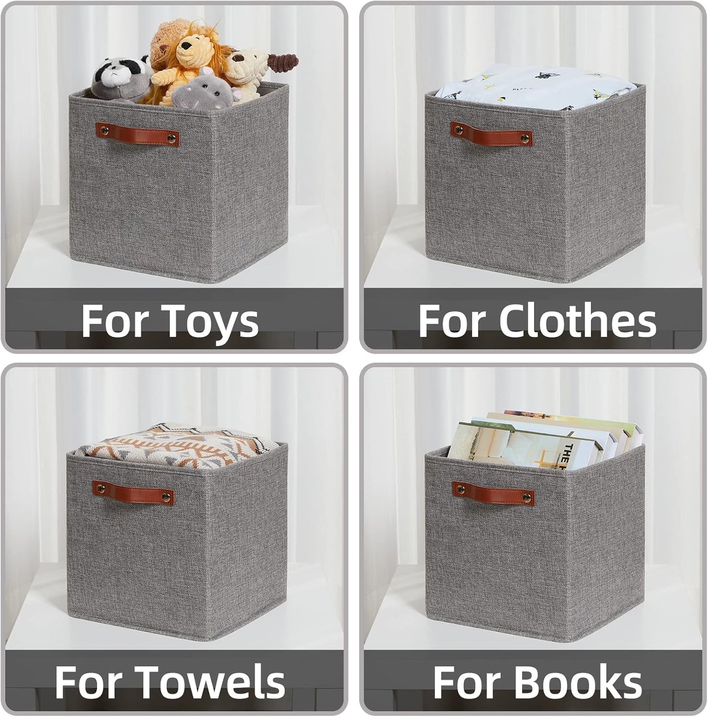 HNZIGE Shelf Storage Cubes Bins for Organizing, Set of 4, Cabby Fabric Cube 11x11 Closet Organizer with Handles (Gray)