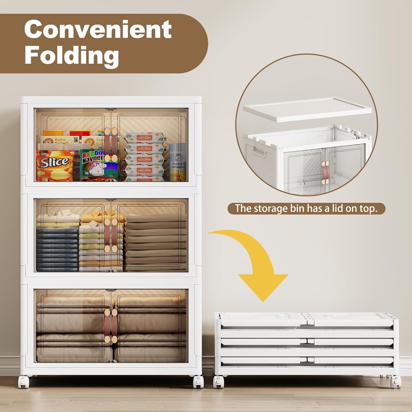 SAILUN 231QT Extra Large Collapsible Storage Bins with Wheels and Lid, Stackable Storage Bins Open Closet Organizers and Storage Storage Containers Drawers,23.6" L × 15" W × 42" H（3 Pack）