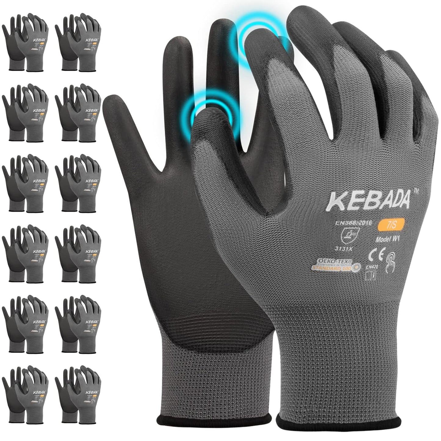 Kebada W1 Work Gloves for Men and Women, PU Coated Safety Gloves with Grip, Touchscreen, Ideal for Warehouse Package Handling, Construction, Gardening, 12 Pairs, Gray X-Small