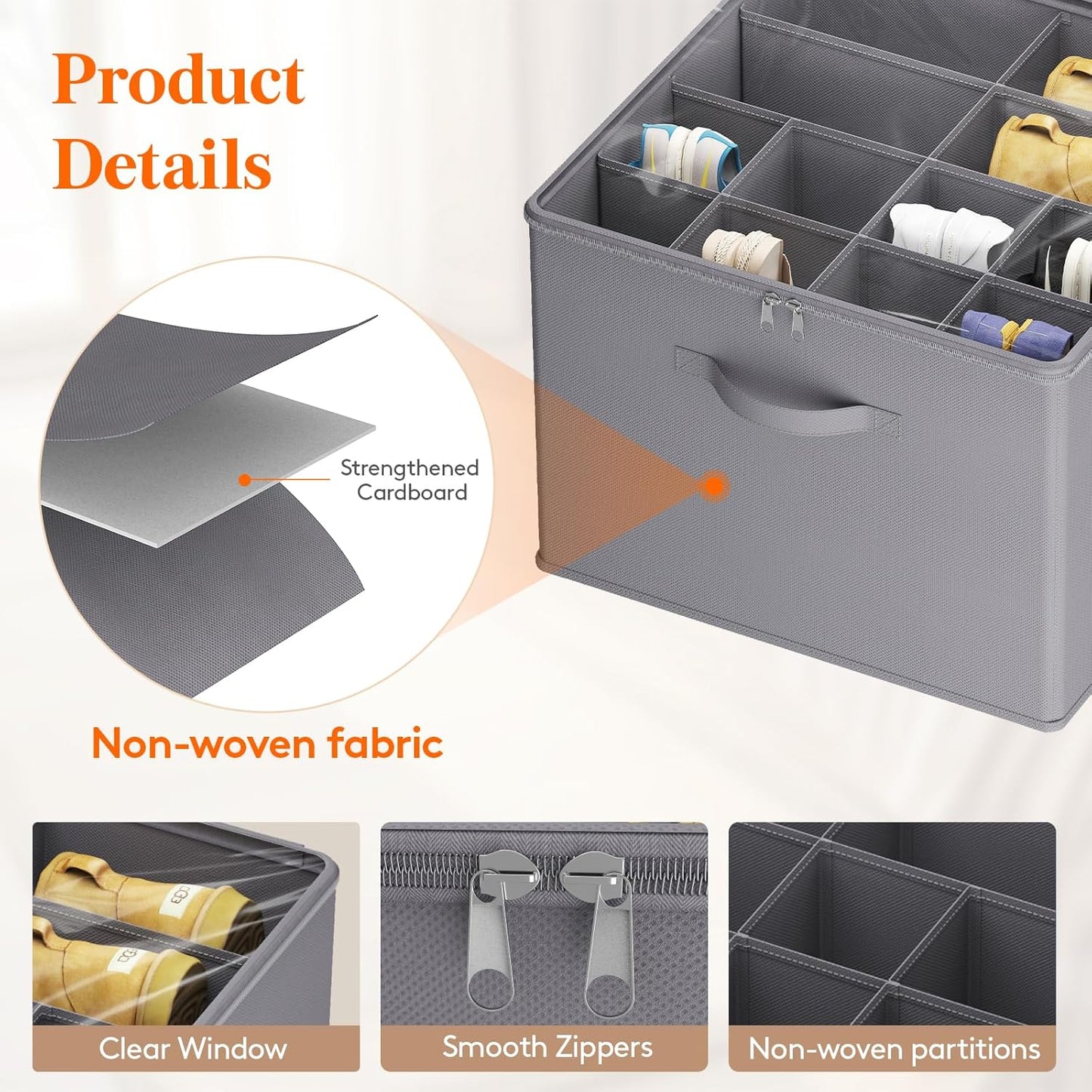 Lifewit Shoe Storage Organizer for Closet Fits 12-16 Pairs, Fabric Large Shoe Box Storage Containers with Clear Cover, Foldable Bins Fit for Boots Heels Sneakers 17"(L) x 17"(W) x 12.5"(H) 2 Pack Gray