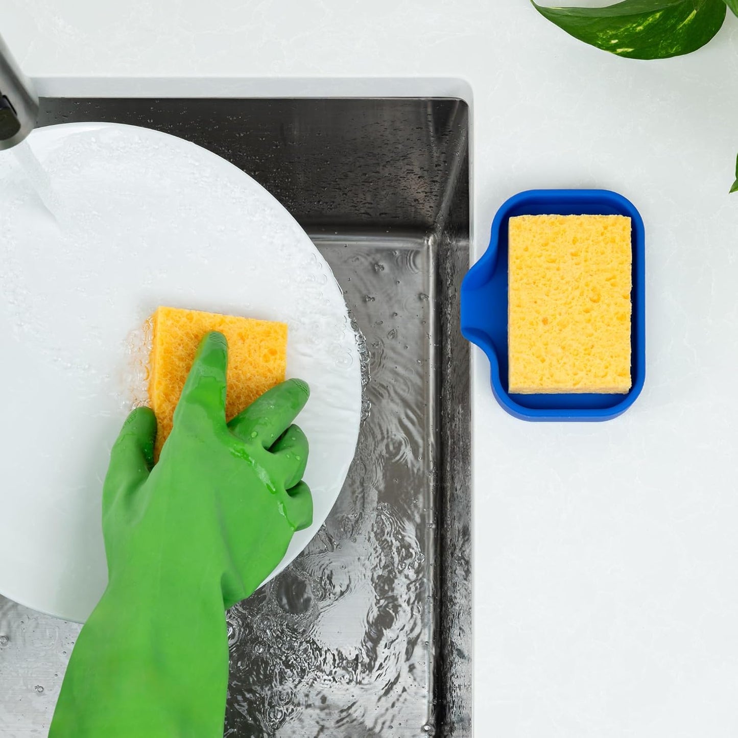 Zulay Kitchen Small Silicone Sponge Holder (4.9x3.3”) – Space-Saving Sink Organizer Tray for Sponge, Soap, Brush & More – Compact Non-Slip Dish for Kitchen & Bathroom (Turkish Sea)