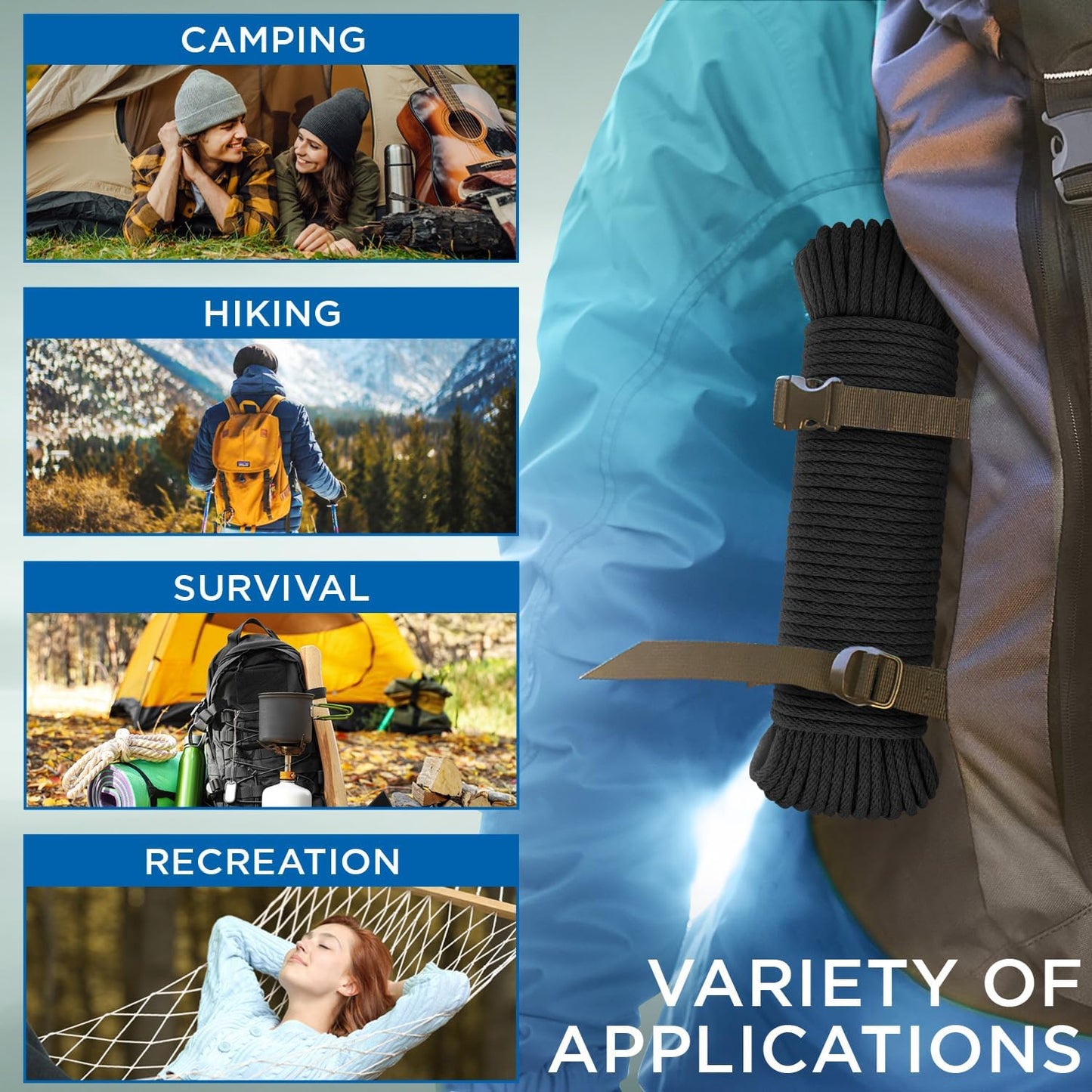 TECEUM Cotton Rope 3/16” (5 mm) – 200 FT – Strong All-Purpose Braided Rope – Natural Cotton – for Crafting, Сamping, Clothes Line, DIY, Indoor & Outdoor Use – Black