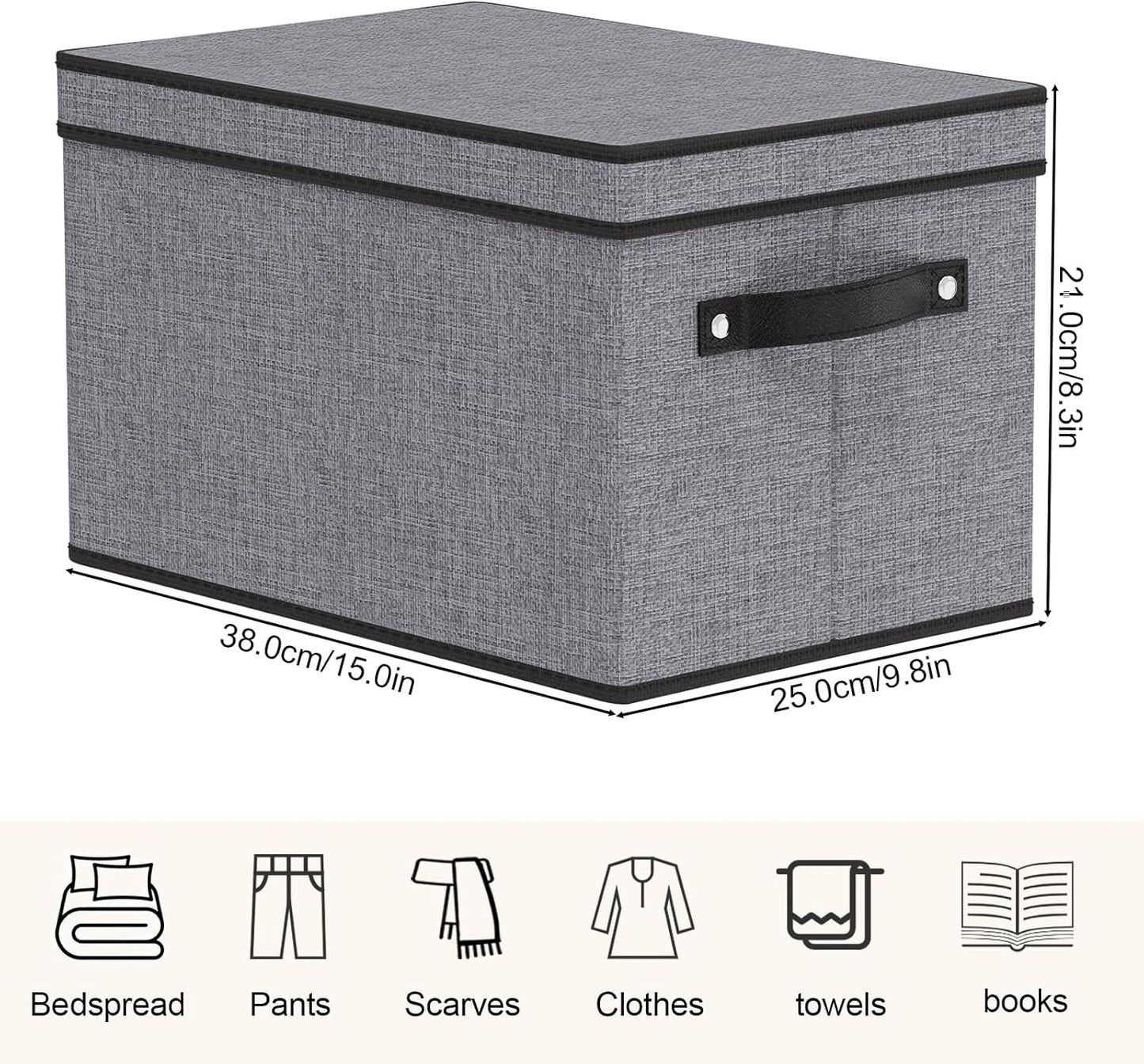 Storage Boxes, 15 x 9.8 x 8.3 Inch Baskets for Organizing with Lids, Fabric Bins with Handles, Decorative Linen Closet Organizers, Gray, 5 Pack