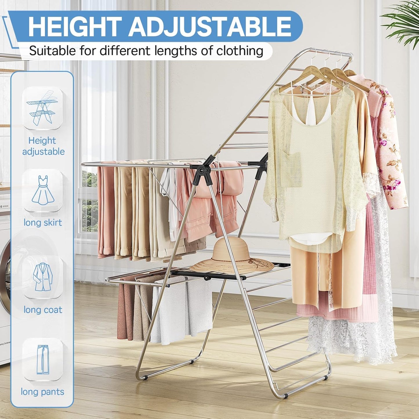 APEXCHASER Clothes Drying Rack with 4 Wings, Stainless Steel Drying Rack Clothing with Height-Adjustable, Foldable Gullwings Laundry Drying Rack, Indoor Outdoor Use, No Assembly, Black