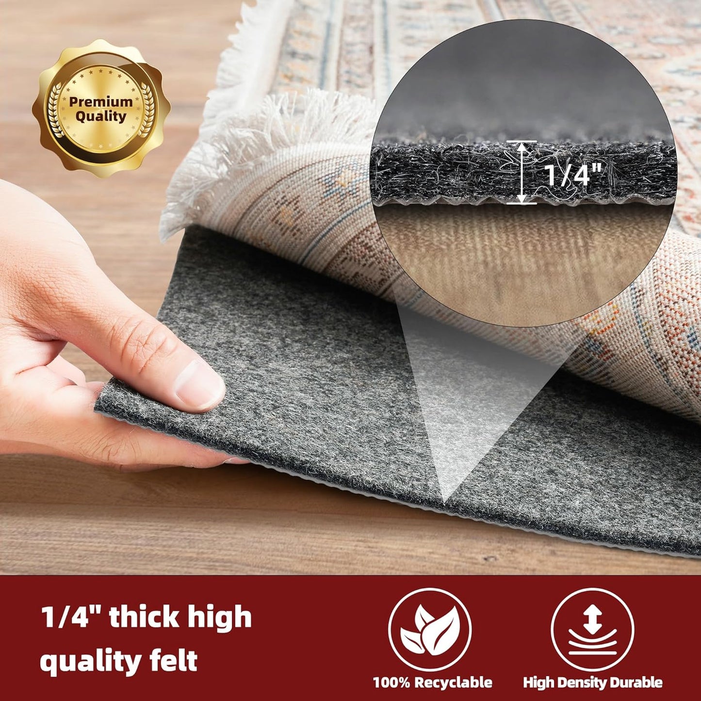 BAGAIL Felt and Natural Rubber Backing Rug Pads 1/4” Thick, 9 x 12 Ft Non Slip Carpet Gripper Keep Rugs in Place, Under Area Rug Protective Cushioned Pads, Carpet Runners, Hardwood Floors Protection