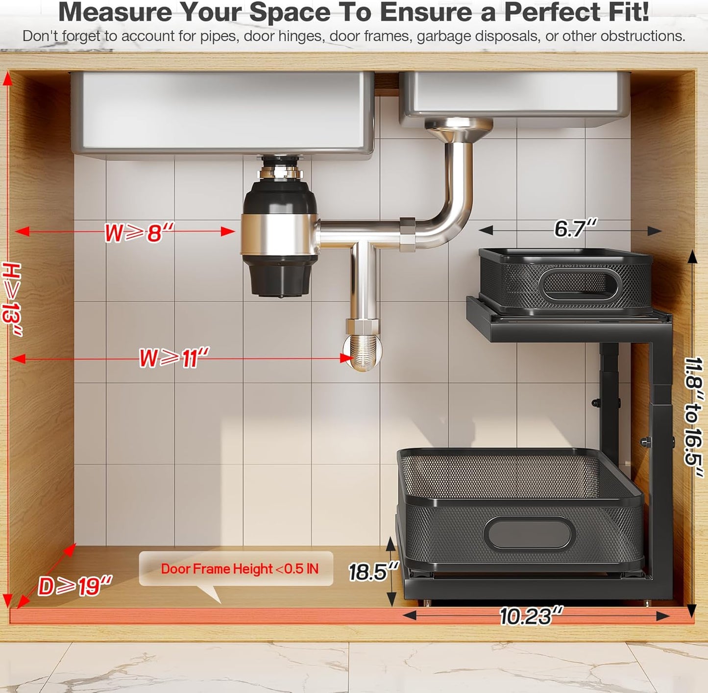 2-Pack 18.5 IN Depth Under Sink Organizer With Next-Gen Ball-Bearing Slides,Sophisticated Mesh 2-Tier Pull Out Shelf for Kitchen & Bathroom,Fits Small Items-Black