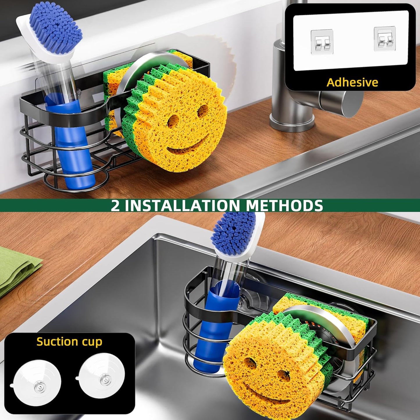 Cisily Smiley Sponge Holder for Kitchen Sink Caddy, Stainless Steel Movable Brush Holder Dish Cloth Hanger, Suction Cup Sink Caddy Organizer Accessories