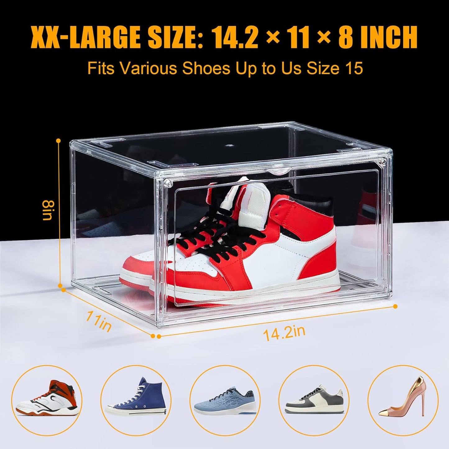 NYZE 3 Pack Acrylic Shoe Boxes Side Open, Clear Shoe Box Plastic Stackable, Shoe Storage Organizer with Magnetic Door, Shoe Display Shoe Containers with Lids Fits Up to Size 15