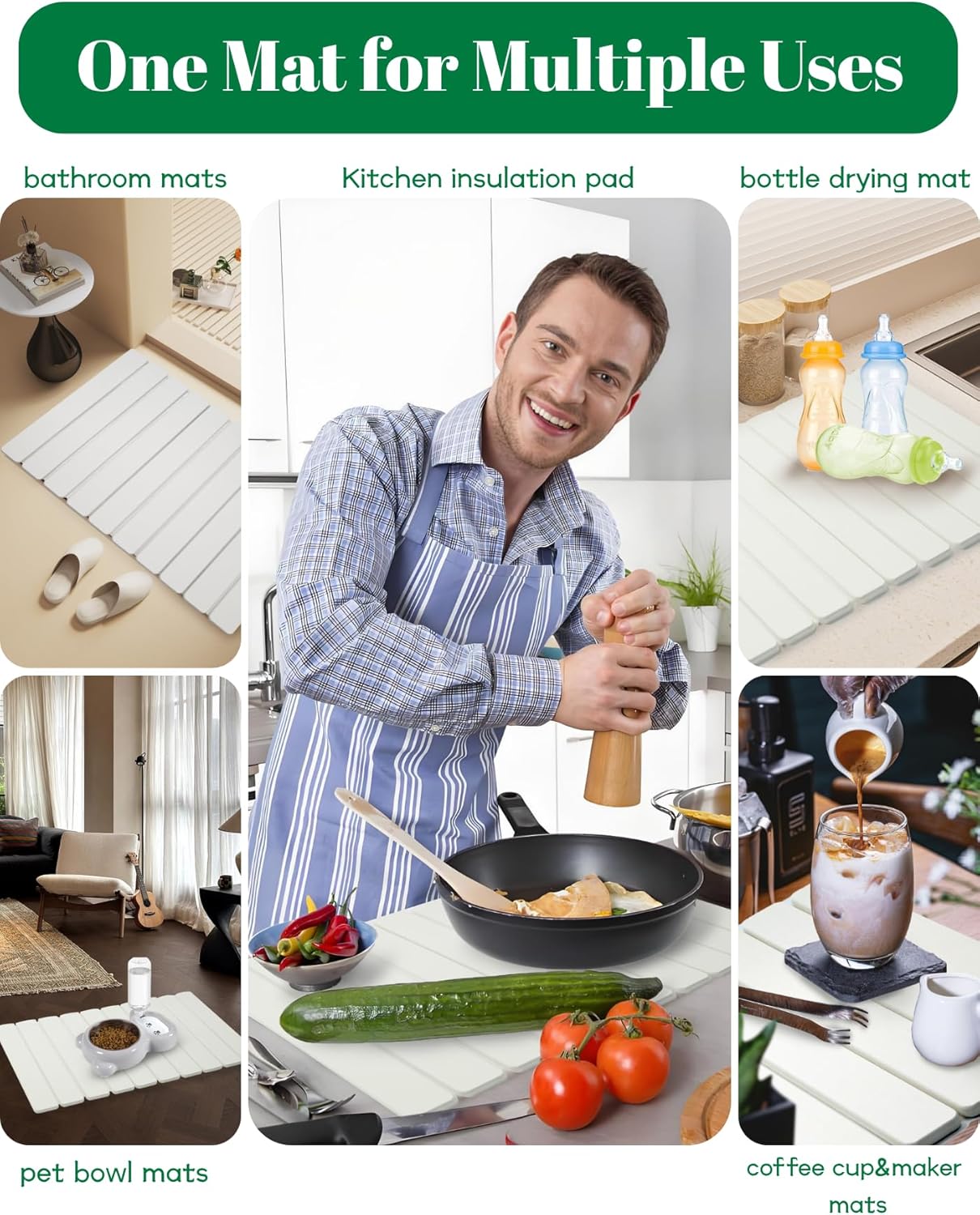 Dish Drying Mat, Diatomaceous Earth Absorbent Quick-Dry, Collapsible Stone Drying Mat for Kitchen Counter, Bath, Countertop, Dishes, Bottles, Cups, with Sandpaper & Non-slip Pad, 23"(L)x15.3"(W)