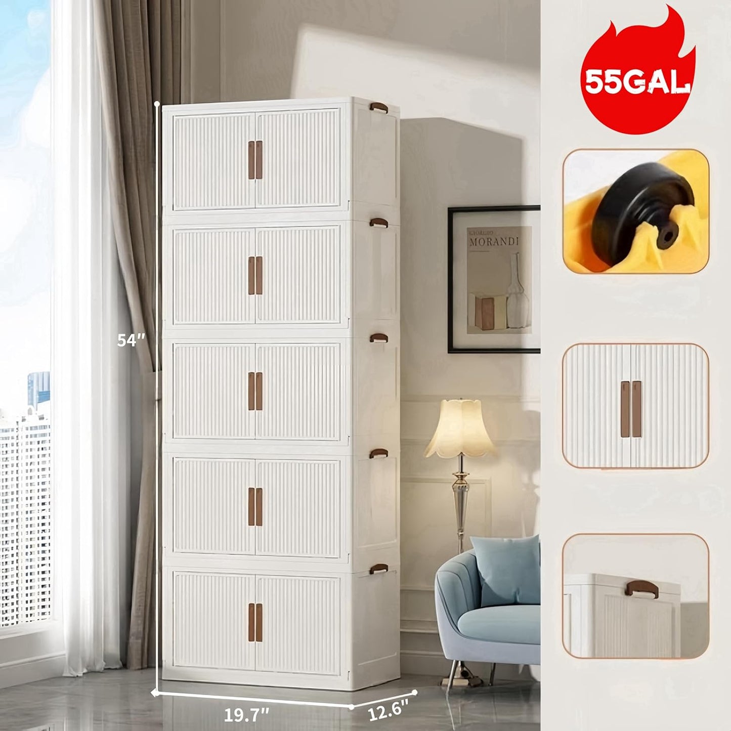 Stackable Storage Bins with Lid 55Gal/220QT Plastic Collapsible Storage Cabinet 5 Tiers Foldable clothes Organizers and Storage bins with Wheels and Doors for Home Office White