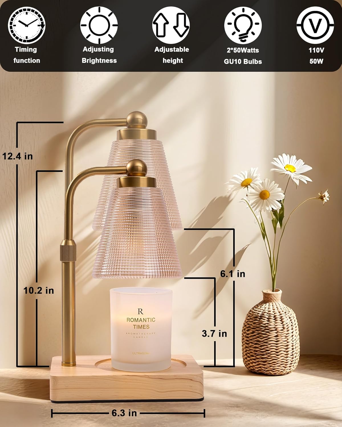 Candle Warmer Lamp - Electric Candle Warmer with Timer, Adjustable Height & Brightness, 2 Replacement Bulbs, 1-Year Warranty - Perfect for Jar Candles, Kitchen, Living Room, Bedroom (Gold)