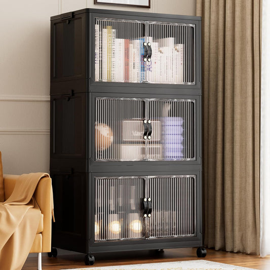 Jalove 50QT Plastic Storage Bins with lids, Stackable Collapsible Storage Containers with Wheels, Closet Organizer and Storage Drawers, Clothes Storage Cabinet for Home Office Garage, 3 Pack Black