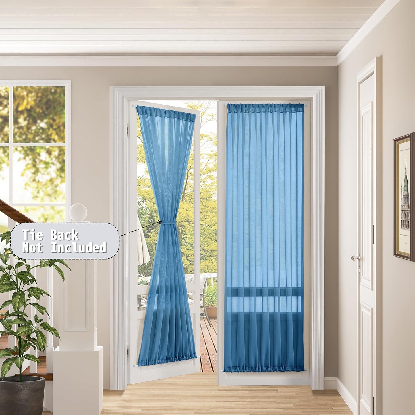 Tollpiz Sheer Door Curtains Closet Linen Textured Curtains Sheer Doorway Light Filtering Voile Rod French Door Pocket Curtain Patio Glass Door, 25 x 72 inches Long, Classic Blue, Set of 1 Panel