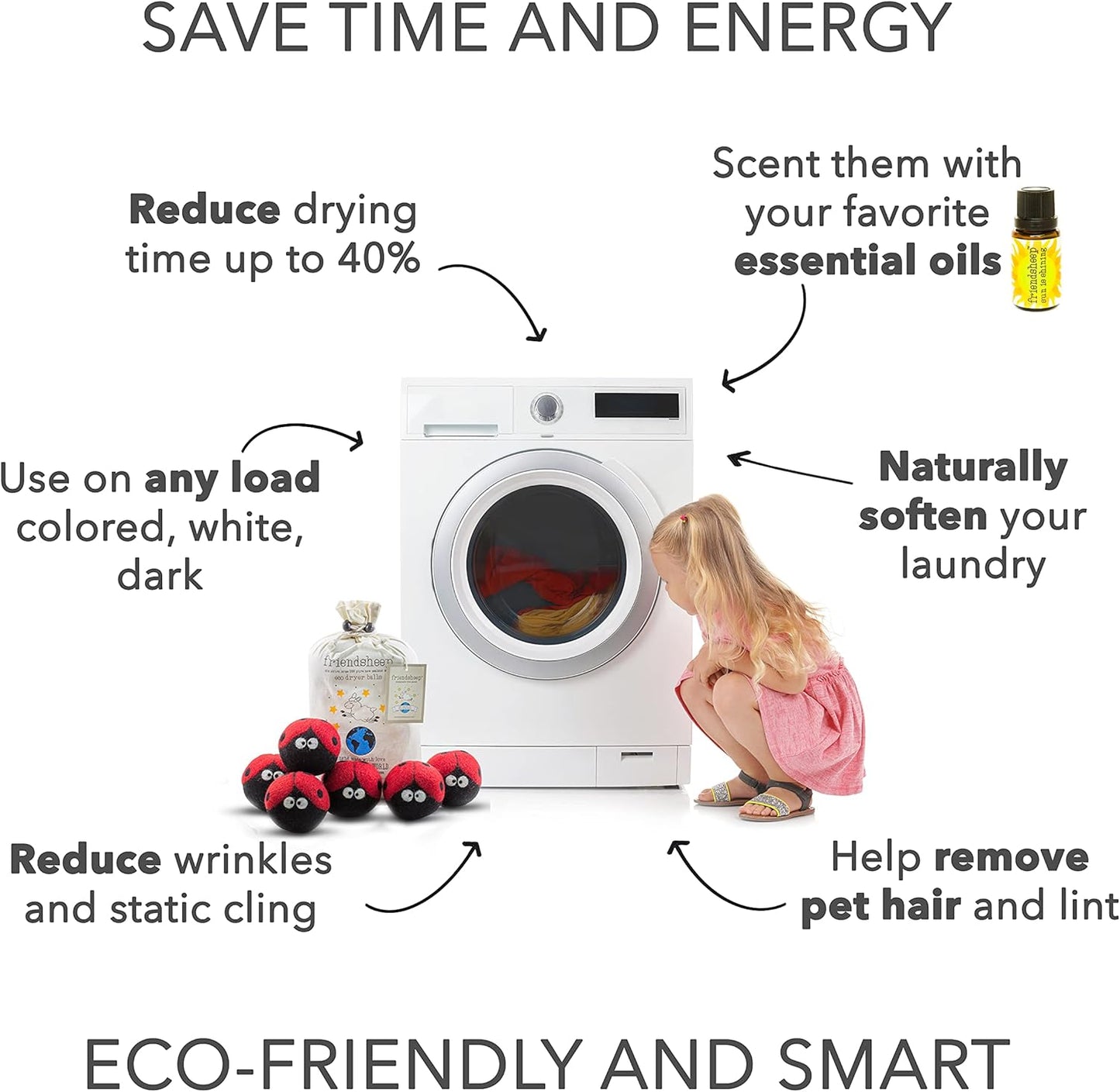 Friendsheep Wool Dryer Balls 6 Pack XL Organic Premium Reusable Cruelty Free Handmade Fair Trade No Lint Fabric Softener Ladybugs - Laundrybugs