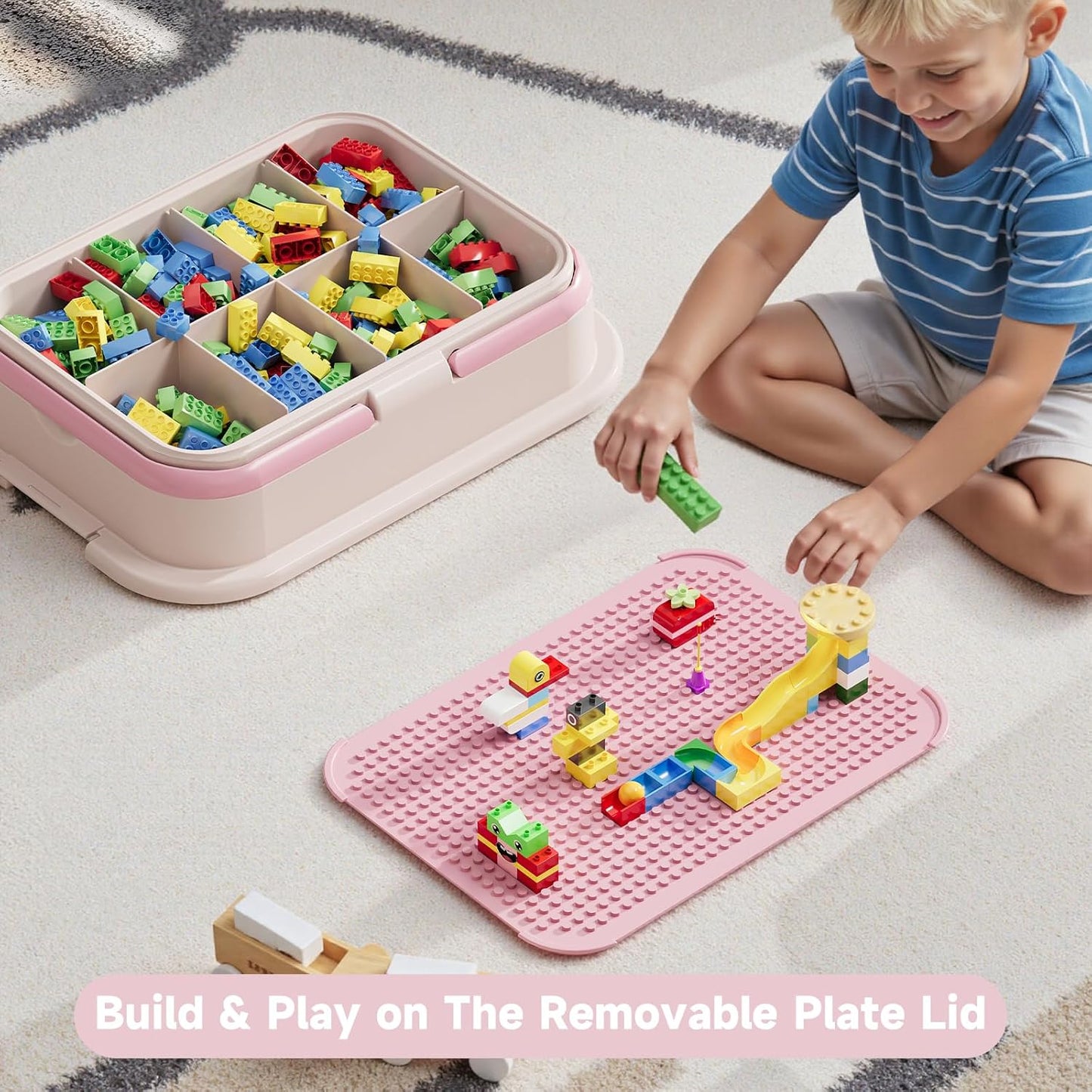 Toy Storage Organizer Box with Handle, Stackable Building Block Toy Box with Building Plate Lid & Removable Sorting Trays, Cubby Bins and Containers 3 Layer (Pink)