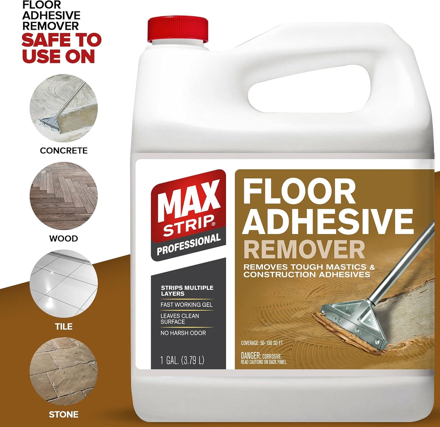 Max Strip Floor Adhesive Remover - 1 Gallon - Professional Fast Working Gel Strips Multiple Layers - Removes Tough Mastics and Construction Adhesives - No Harsh Odor Leaves Surface Clean