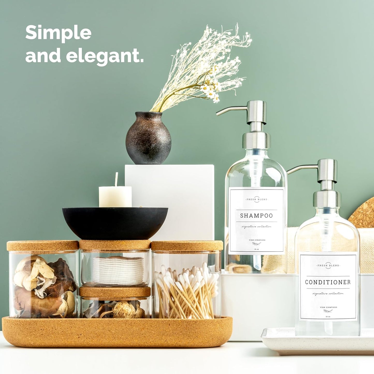 Vine Creations Glass Soap Dispenser, 2 Pack Kitchen Soap Dispenser Set with Ceramic Tray, Stainless Steel Pump, Dish Soap Dispenser for Kitchen, Hand Soap Dispenser Bathroom with Waterproof Labels