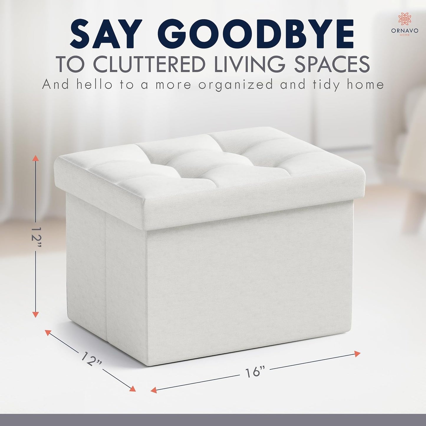 Ornavo Home Small Storage Ottoman Foldable Collapsible Rectangle Linen Ottoman Foot Rest Stool Seat, for Living Room, Bedroom, Home Office, Dorm - 12 x 16 x 12, White