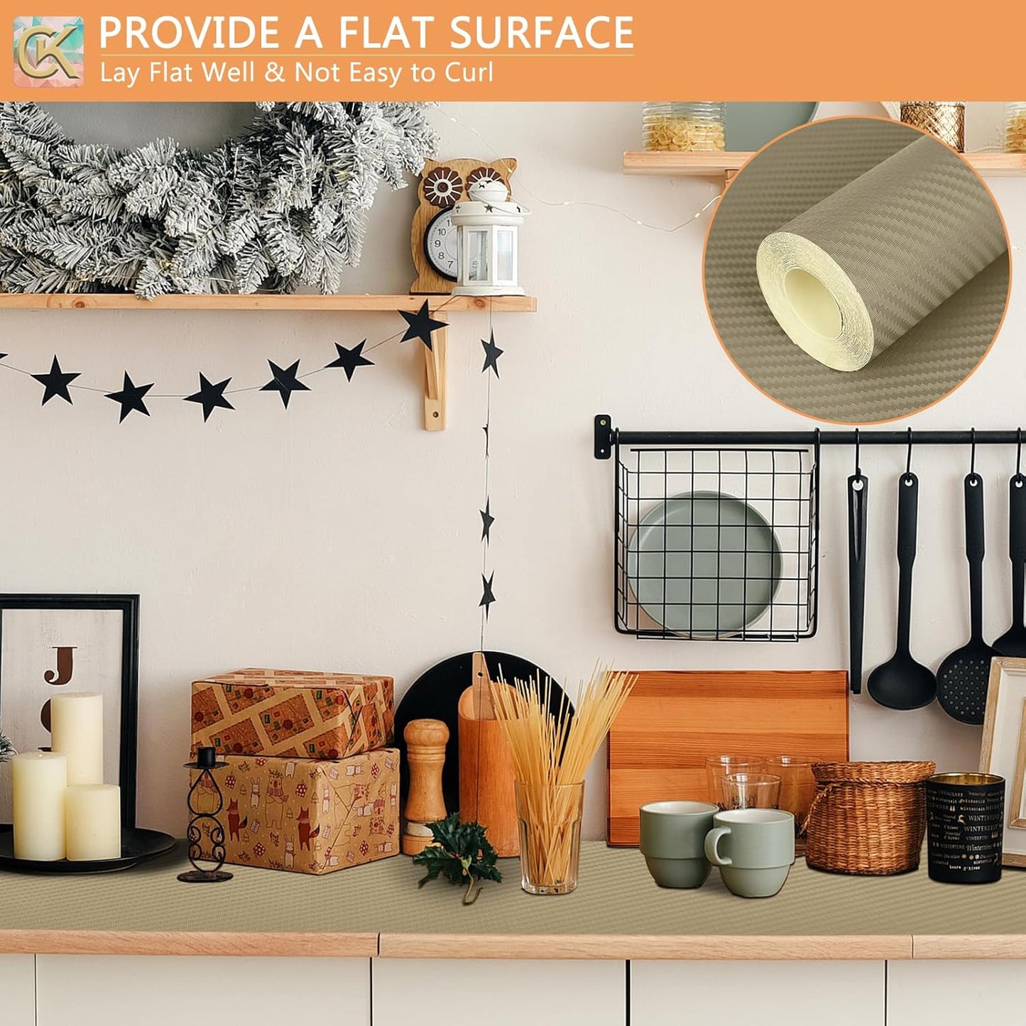 Self-Adhesive Shelf Liner Kitchen Liner, Waterproof Backed Paper Easy Peel and Stick Contact Liner Without Residue for Decor Your Desk Surface, Kitchen Countertops (Dark Khaki, 23.6 x 118.1 inches)