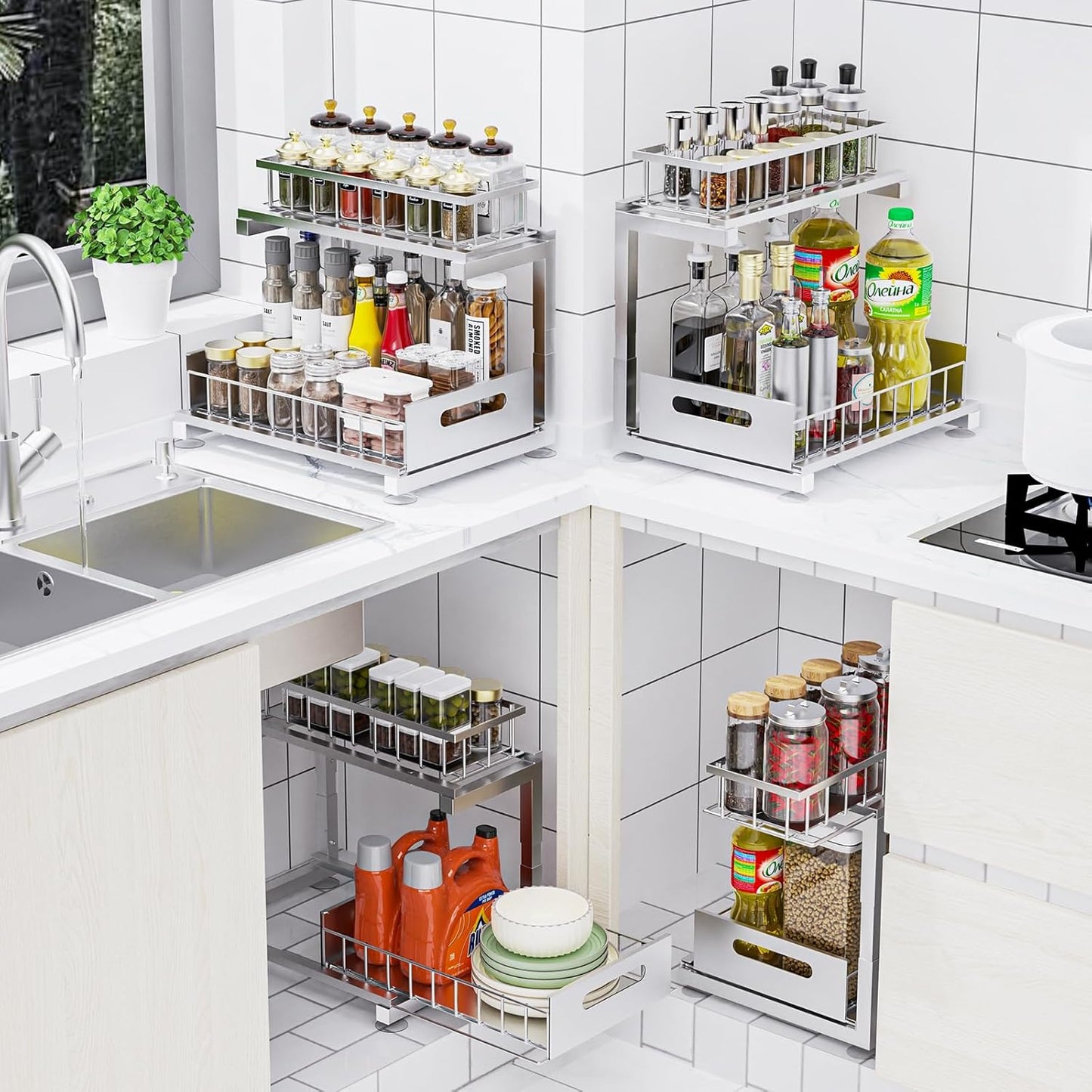 2 Pack Under Sink Organizer, 2-Tier Heavy Duty Metal Pull Out Cabinet Organizer Slide Out Sink Shelf Organizer Height Adustable, Multi-Purpose Storage Shelf for Kitchen Bathroom (Silver, 2 Pack)