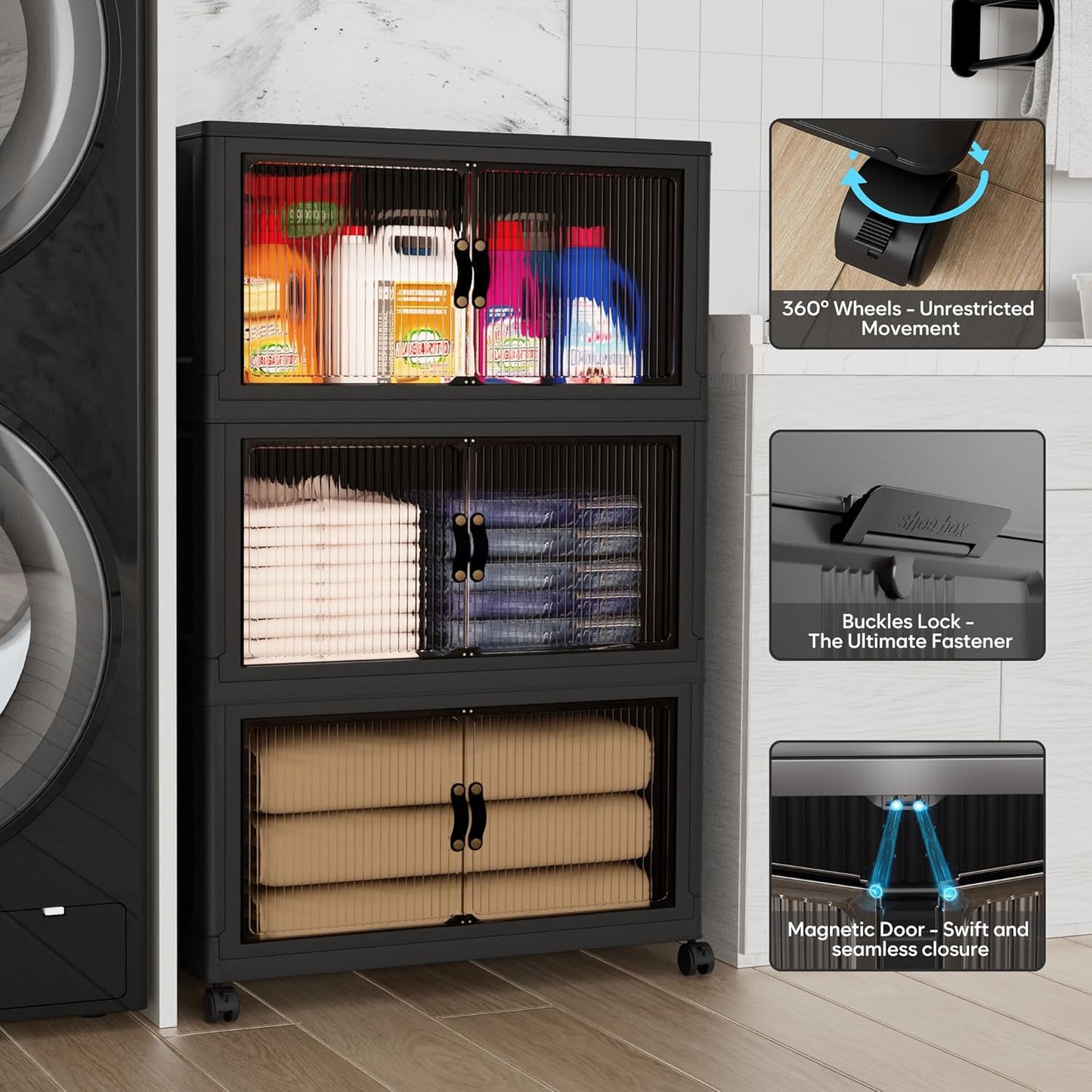 Jalove 90Gal Large Storage Bins with lids, 360QT Plastic Stackable Storage Containers with Wheels, Collapsible Closet Organizer and Storage Drawers,Clothes Organization for Cabinet Home, 3Pack Black